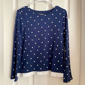 LKNEW Land’s End Knit Pullover Girl’s 14 Plus Navy Dot Ruffle Trim